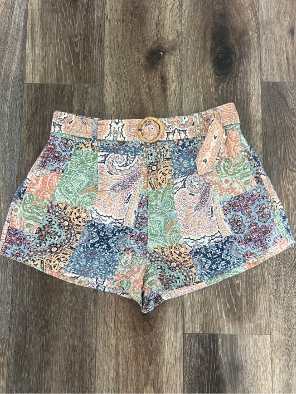 Rachel Zoe Belted Linen High Waist Multicolor Paisley Boho Shorts 🧡🎋